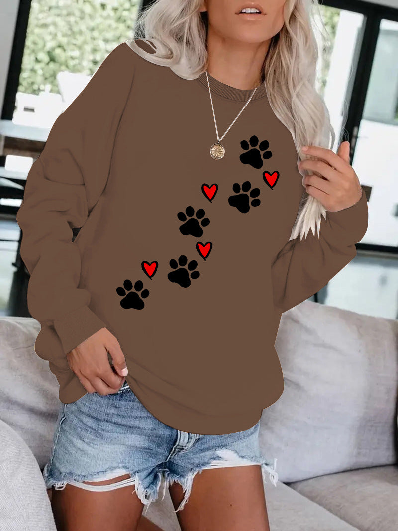 Cat paw print round neck fleece hoodie