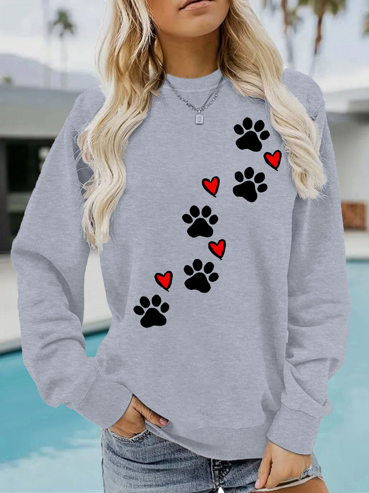 Cat paw print round neck fleece hoodie