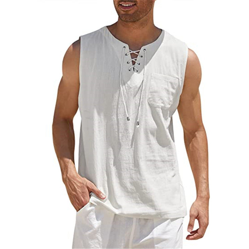 Men'S Sleeveless Lace-Up Shirt