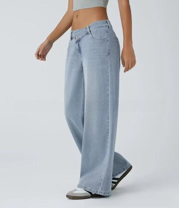 Slant Buckle Loose Wide-Leg Jeans