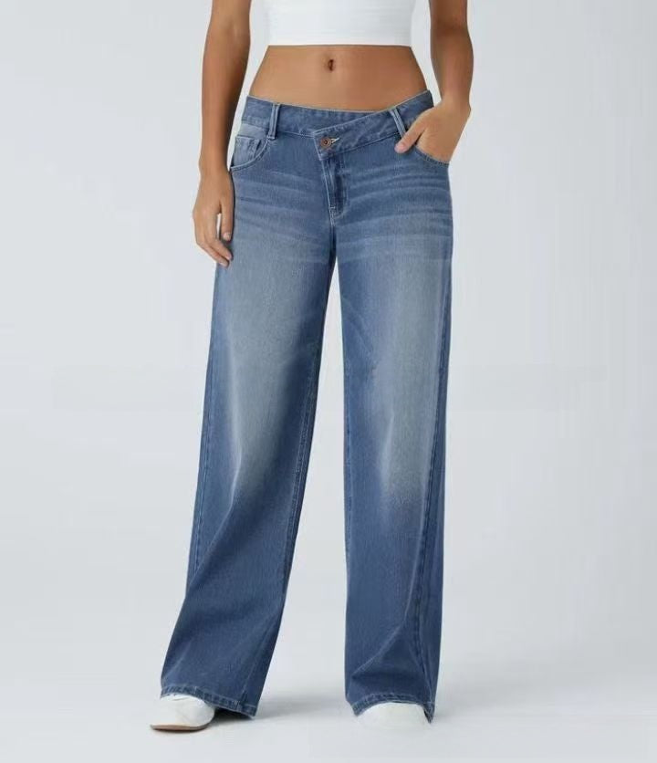 Slant Buckle Loose Wide-Leg Jeans