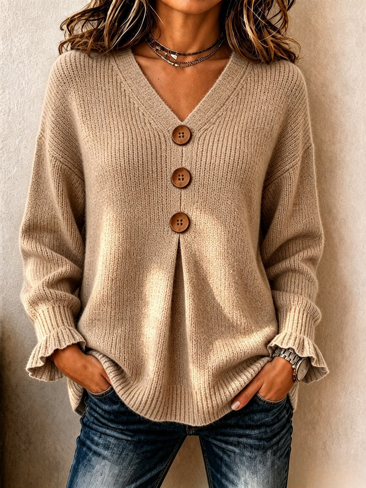 V-Neck Button-Up Sweater