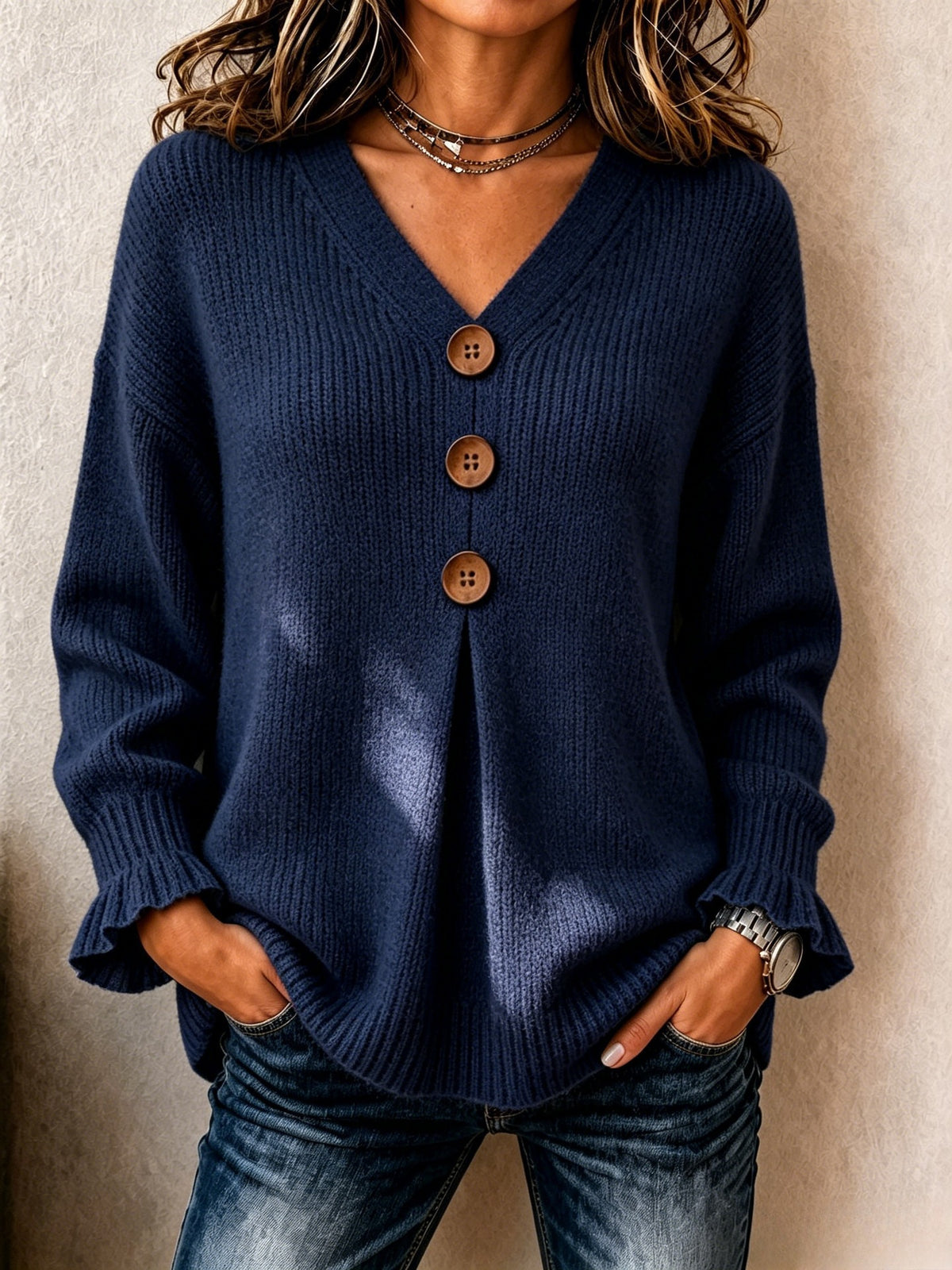 V-Neck Button-Up Sweater