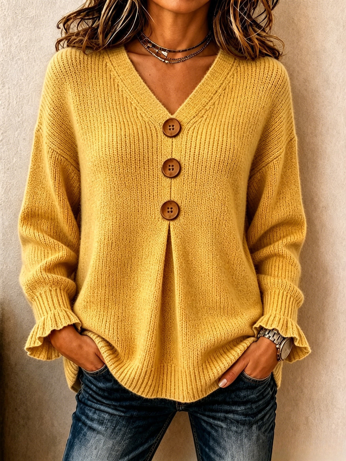 V-Neck Button-Up Sweater