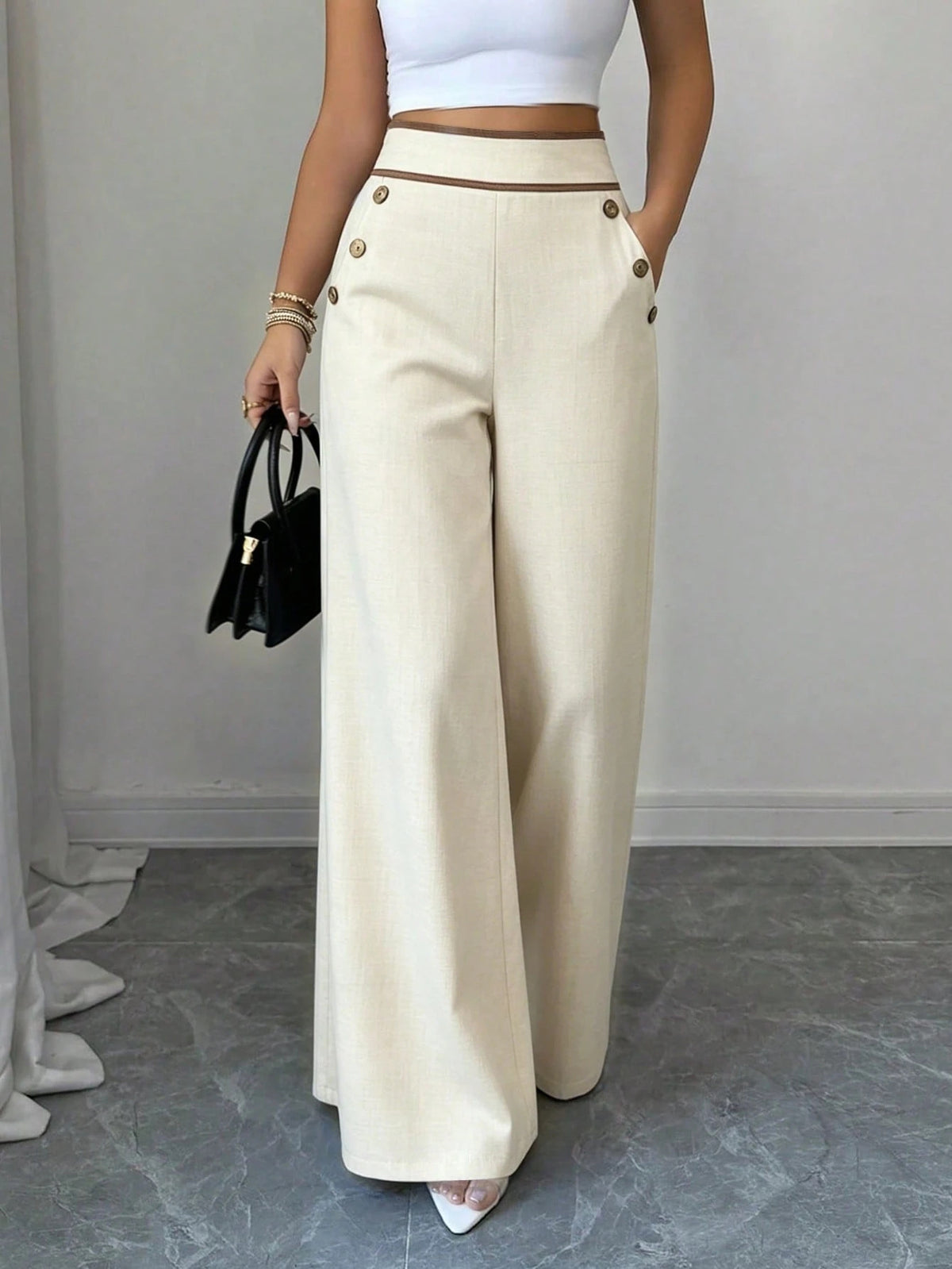 Women'S Button Wide-Leg Trousers