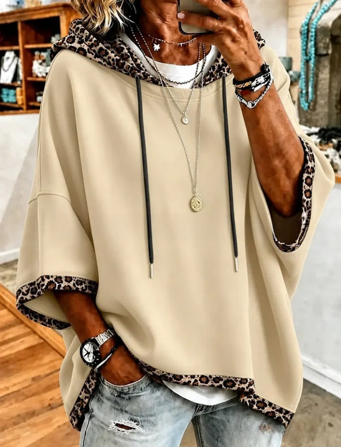 Leopard-Print Patchwork Hooded Top