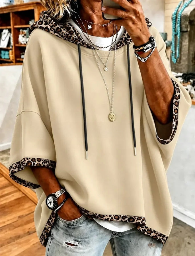 Leopard-Print Patchwork Hooded Top