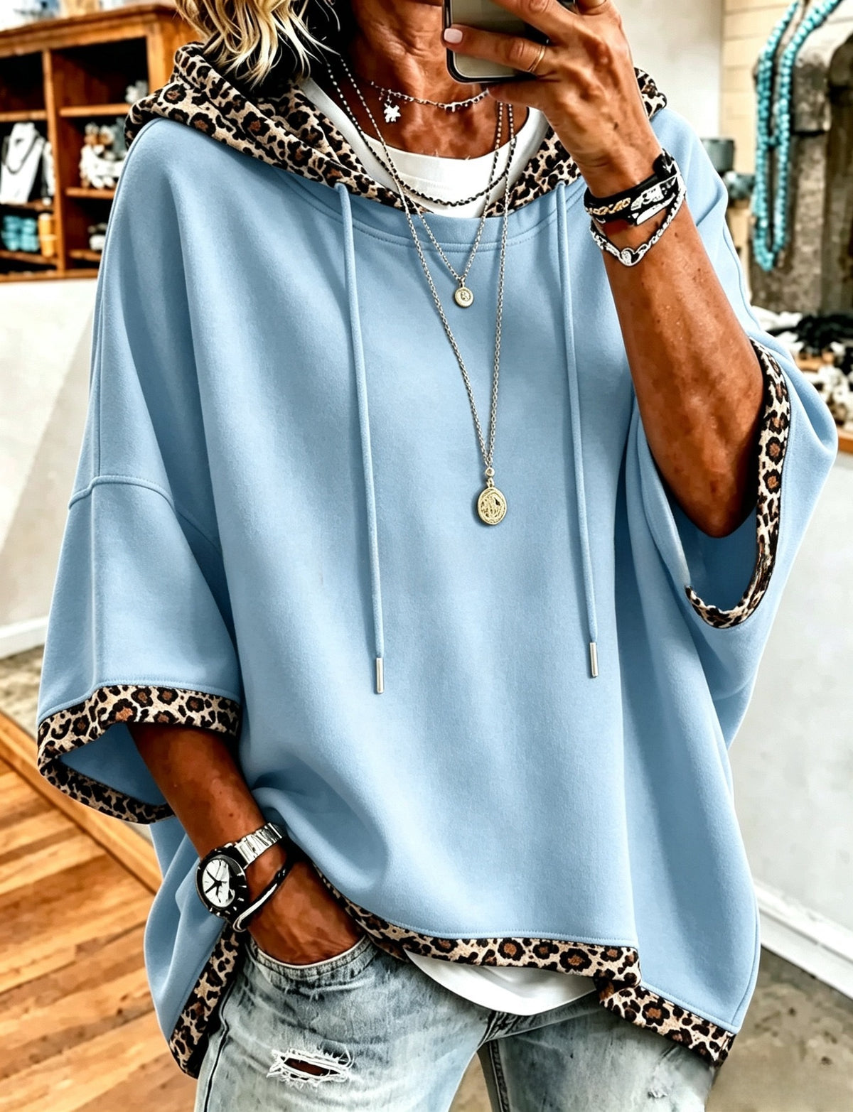 Leopard-Print Patchwork Hooded Top