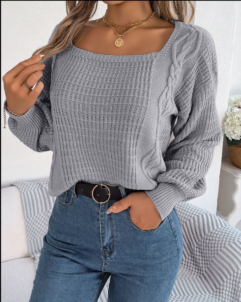 Long Sleeve Sweater Square Neck Solid Color Long Sleeve