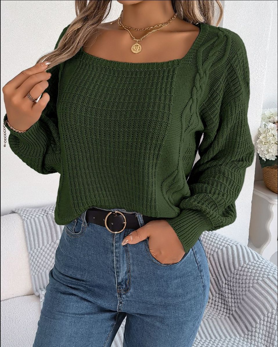 Long Sleeve Sweater Square Neck Solid Color Long Sleeve