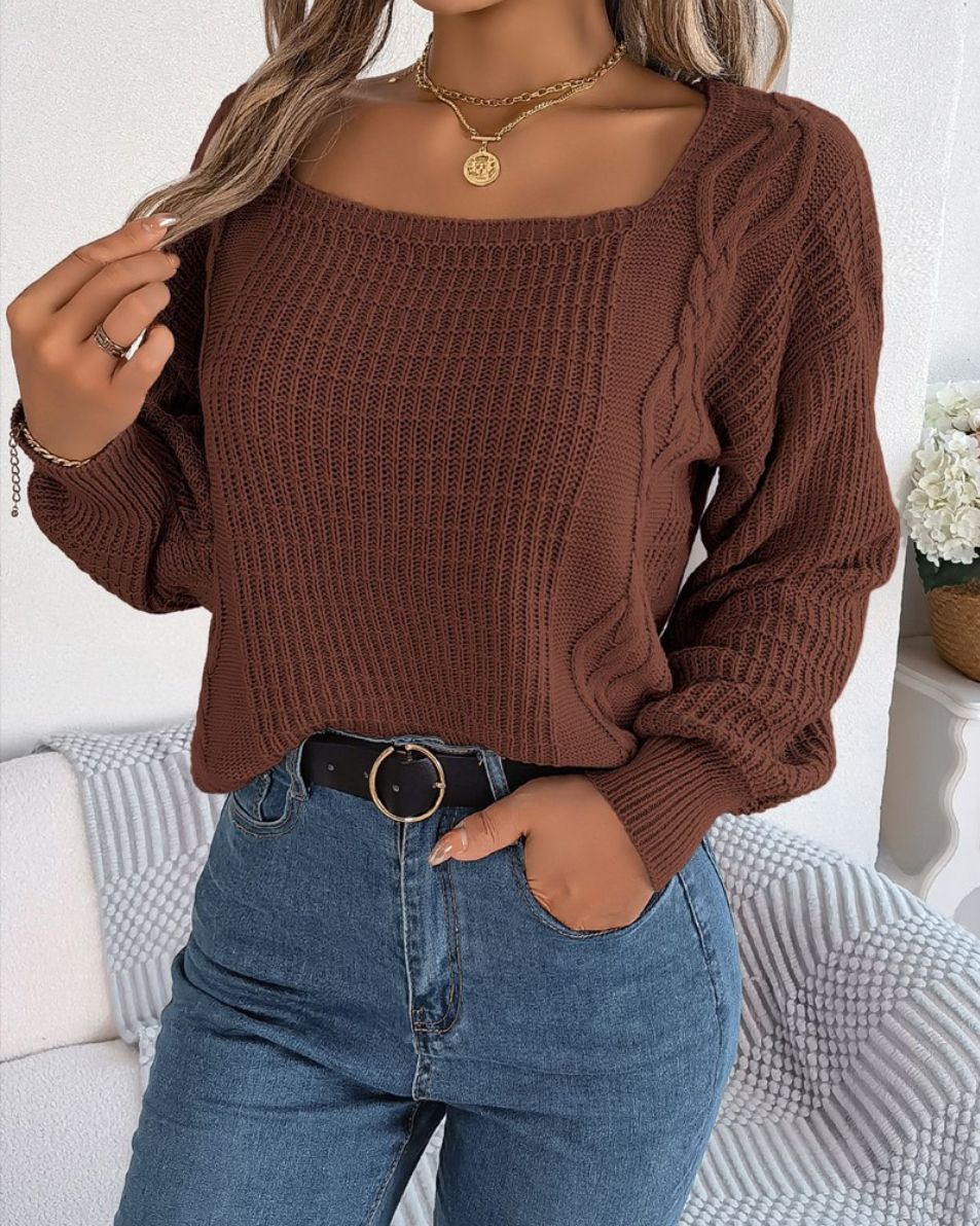 Long Sleeve Sweater Square Neck Solid Color Long Sleeve