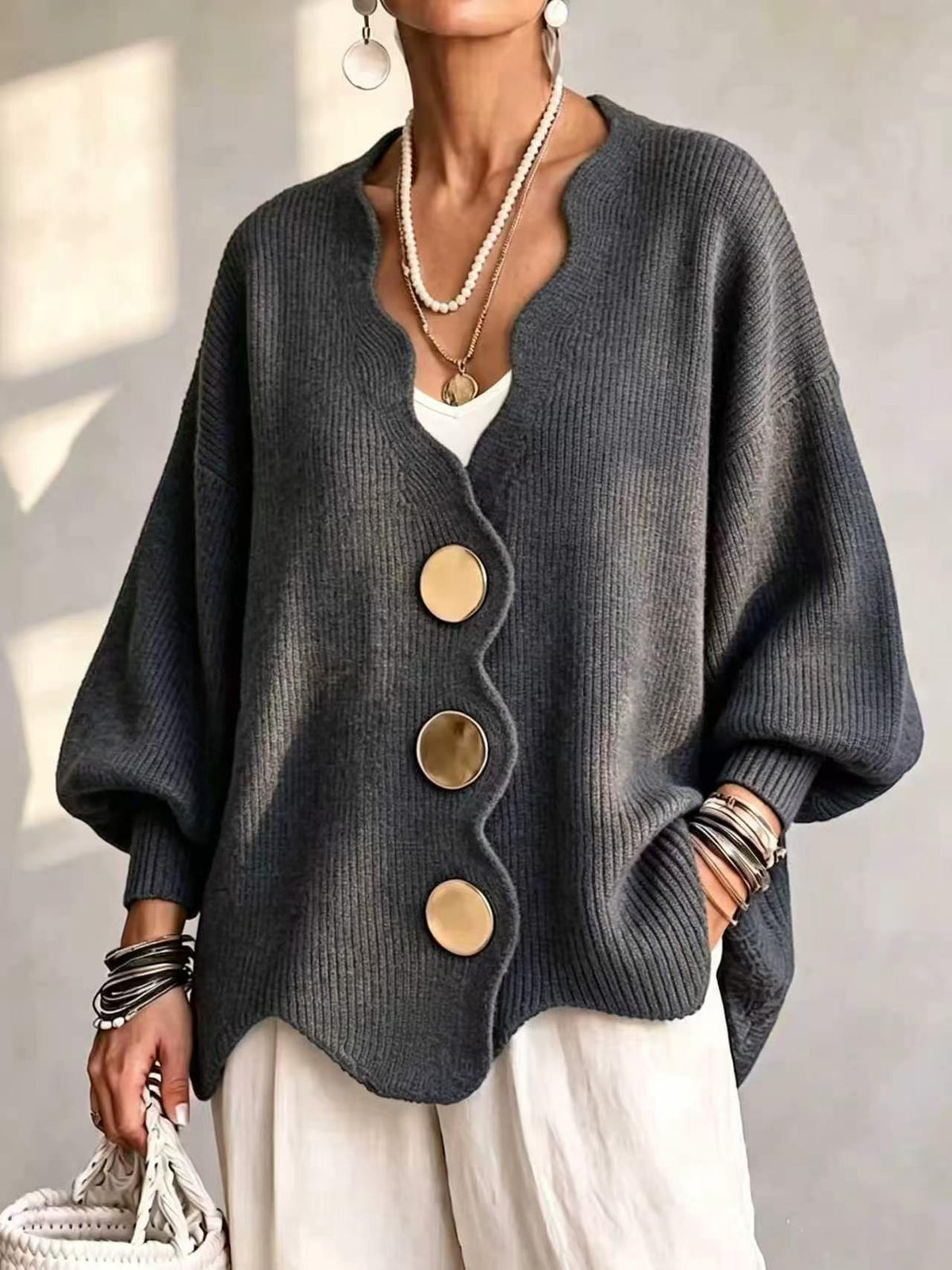 Women'S Solid Button Sweater