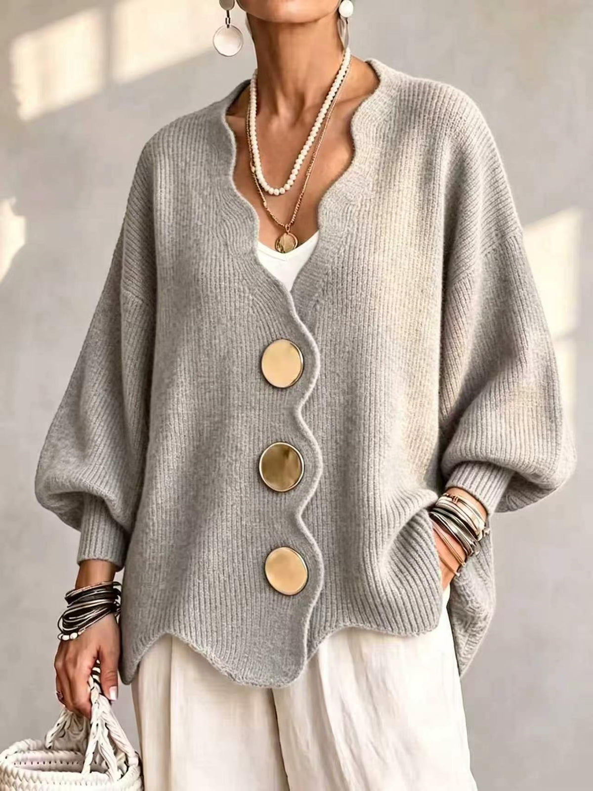 Women'S Solid Button Sweater
