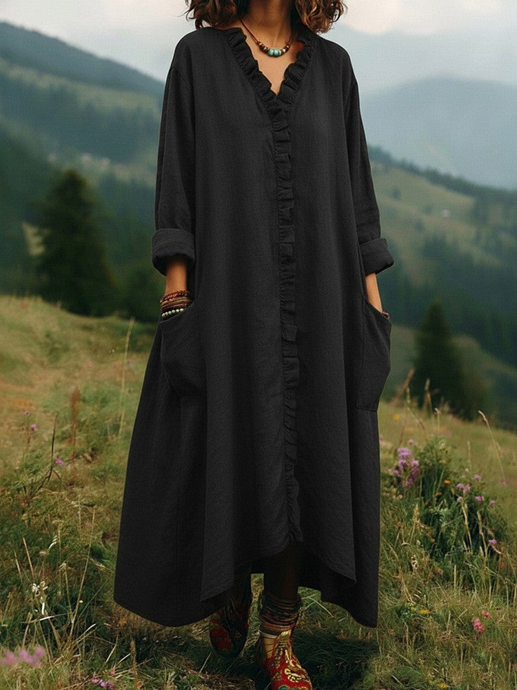 Loose Wood-Edge Long Dress