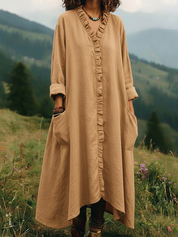Loose Wood-Edge Long Dress