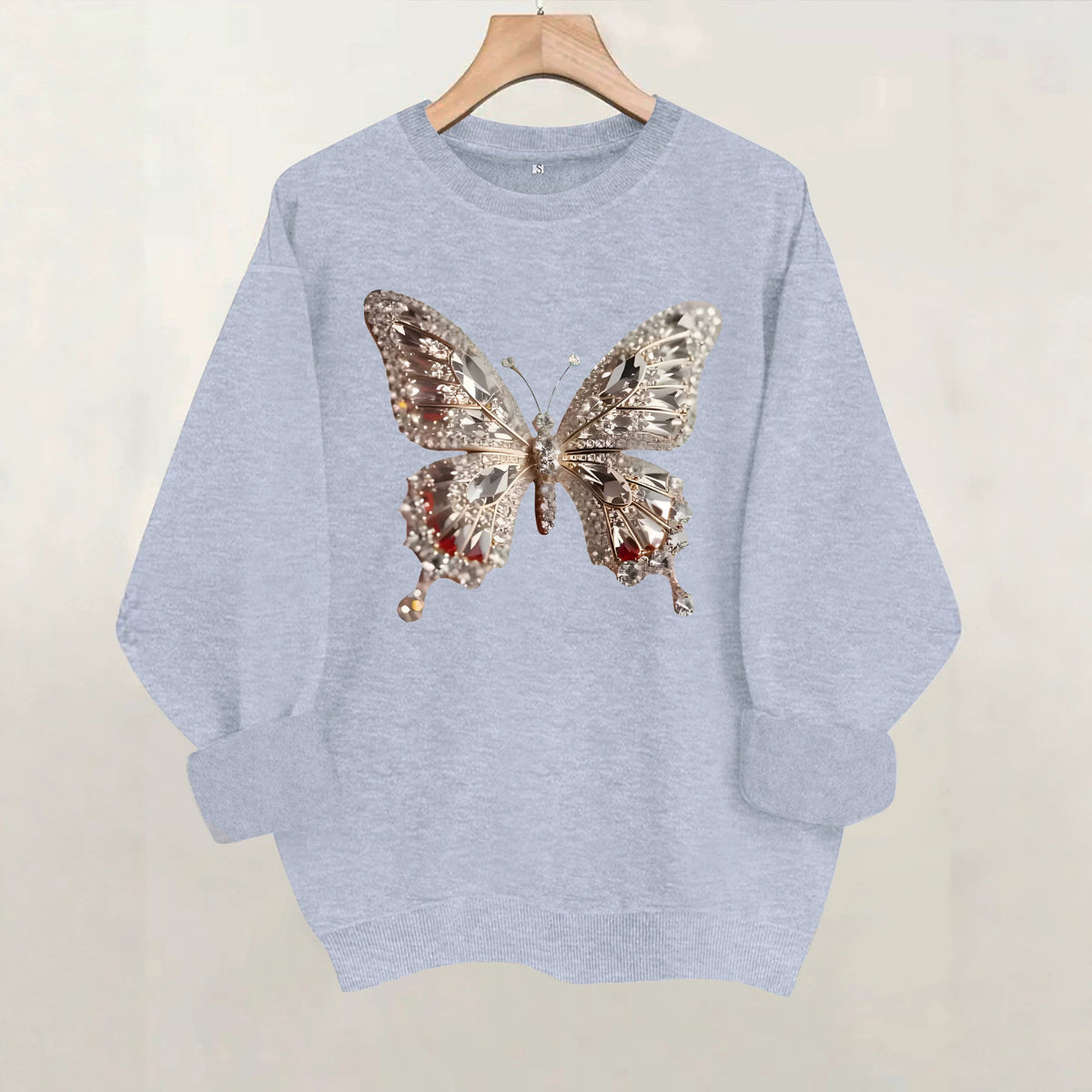 Butterfly print round neck fleece hoodie