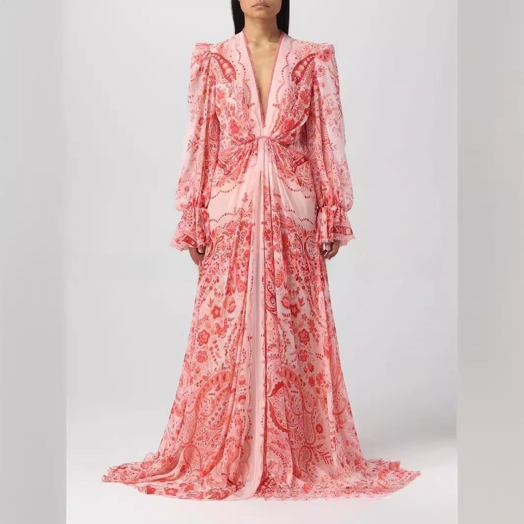 Deep V Long Sleeve Mop Dress