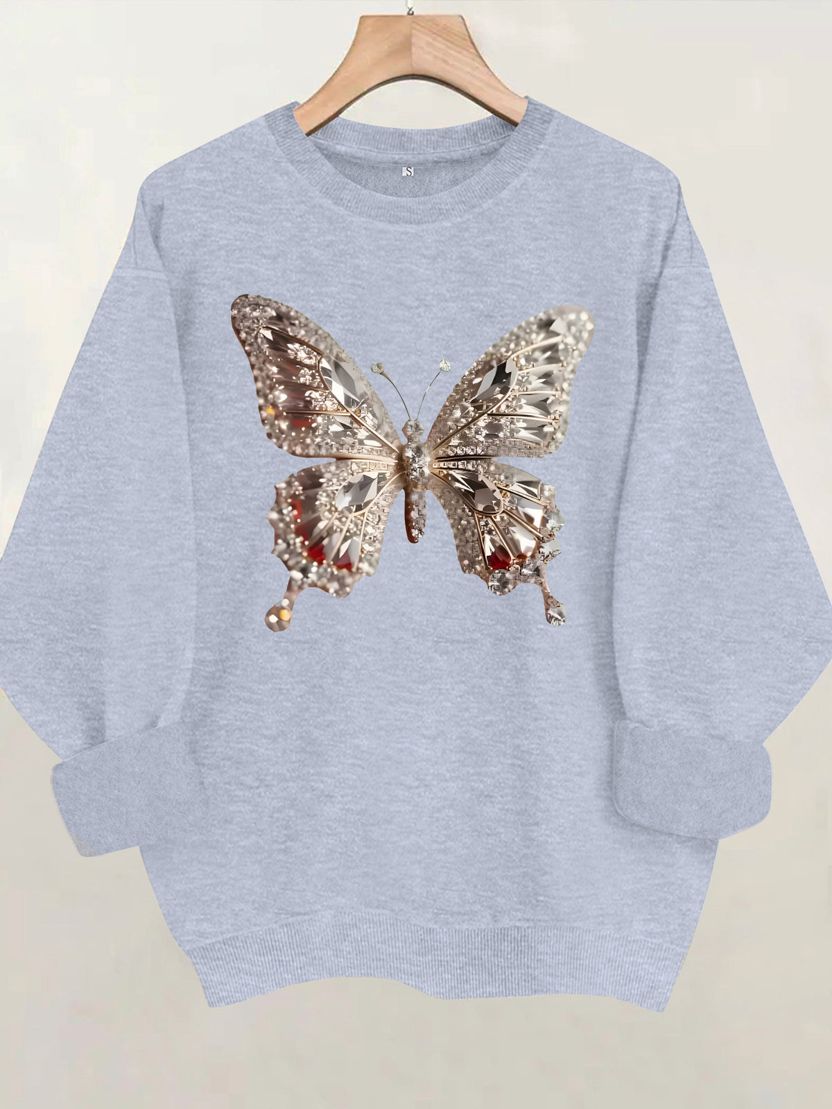 Butterfly print round neck fleece hoodie