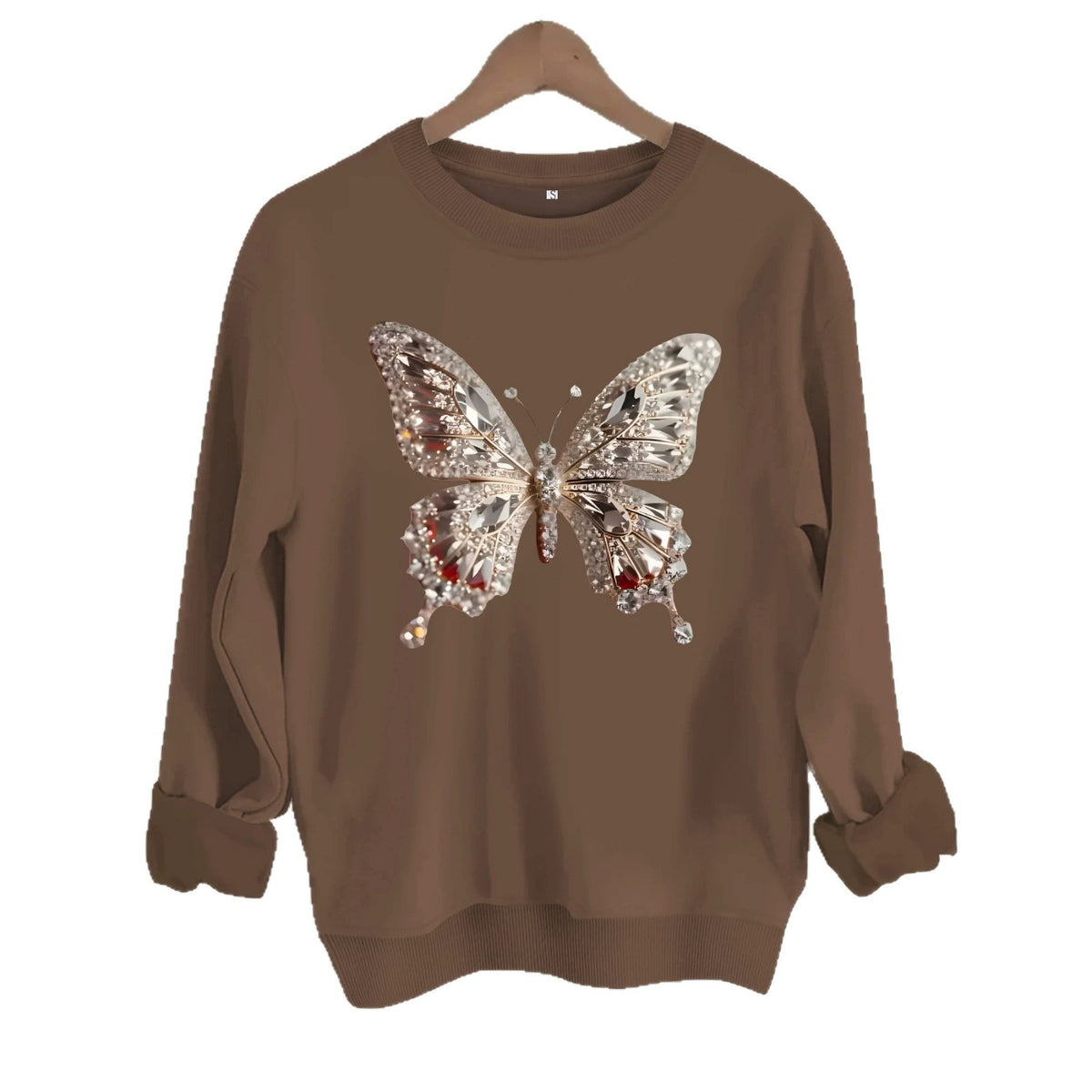 Butterfly print round neck fleece hoodie