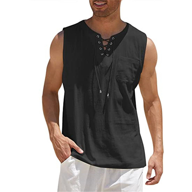 Men'S Sleeveless Lace-Up Shirt