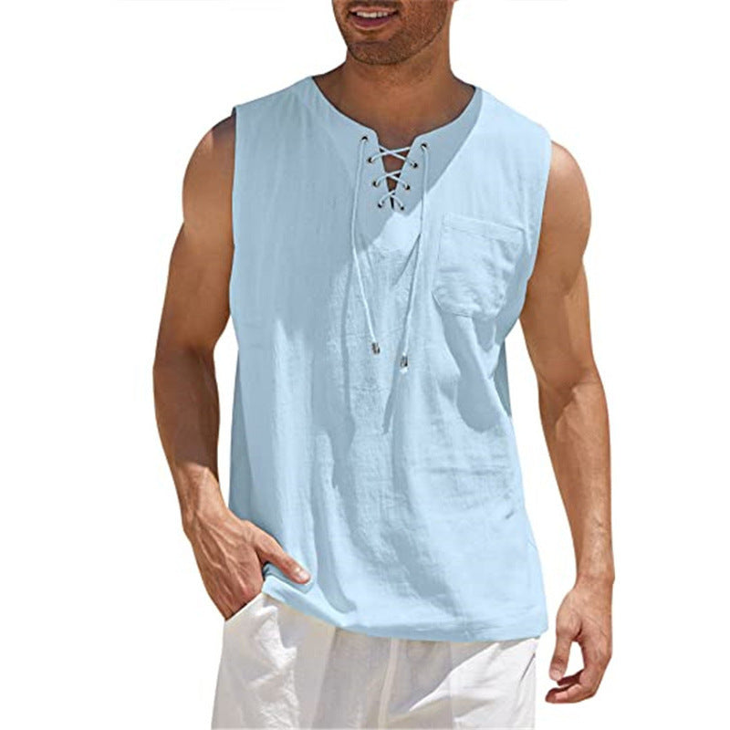 Men'S Sleeveless Lace-Up Shirt
