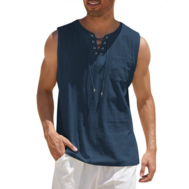Men'S Sleeveless Lace-Up Shirt