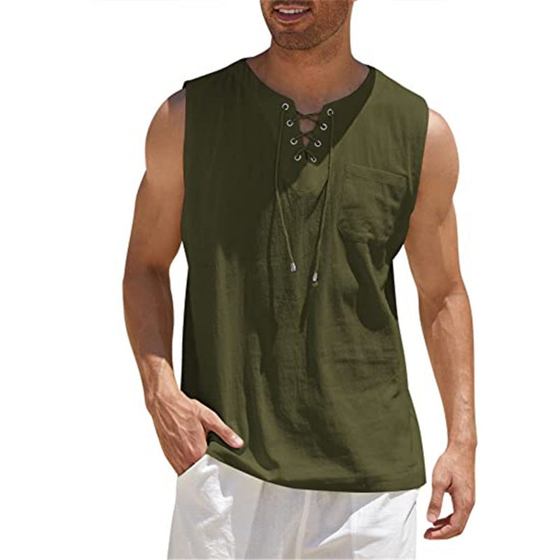 Men'S Sleeveless Lace-Up Shirt