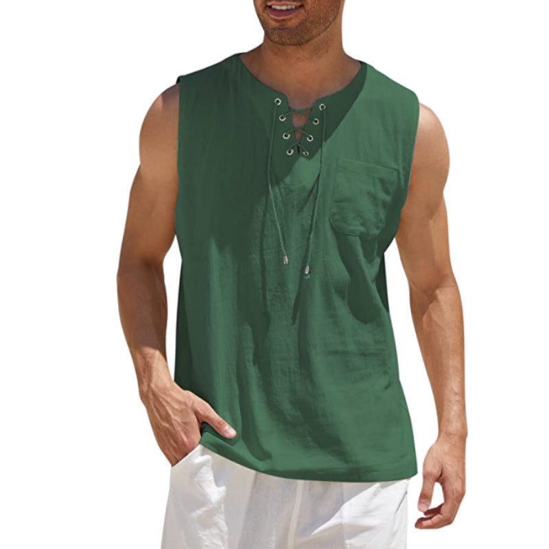 Men'S Sleeveless Lace-Up Shirt