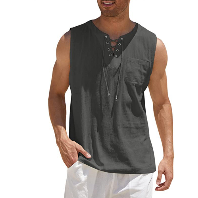 Men'S Sleeveless Lace-Up Shirt