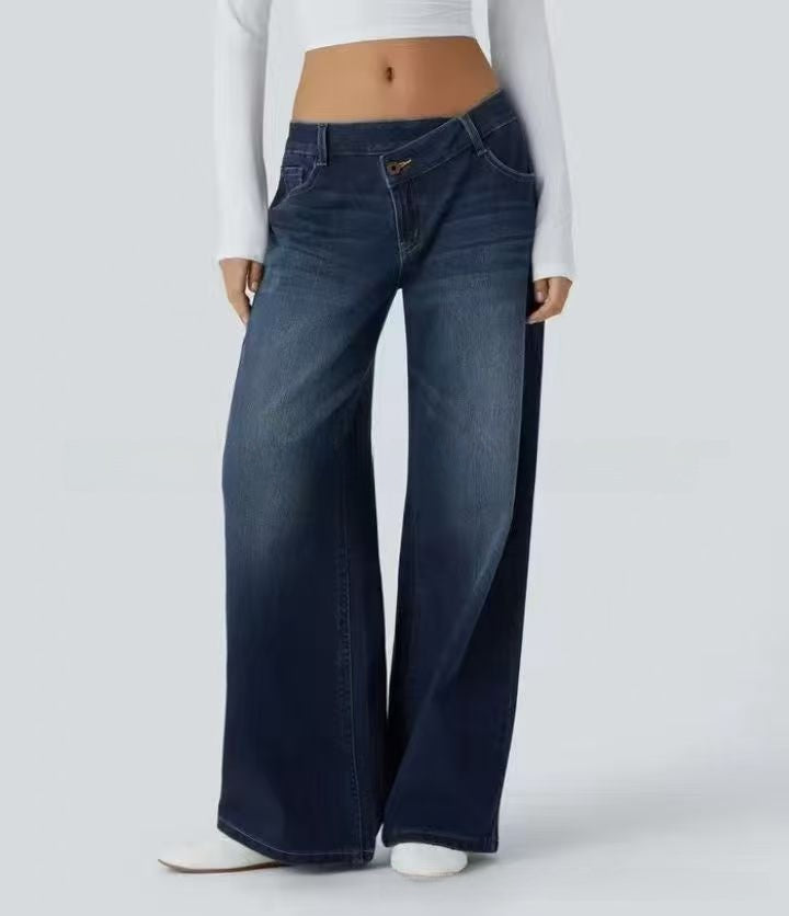 Slant Buckle Loose Wide-Leg Jeans