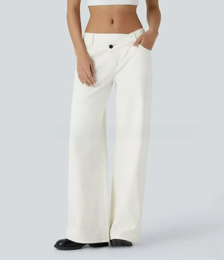 Slant Buckle Loose Wide-Leg Jeans