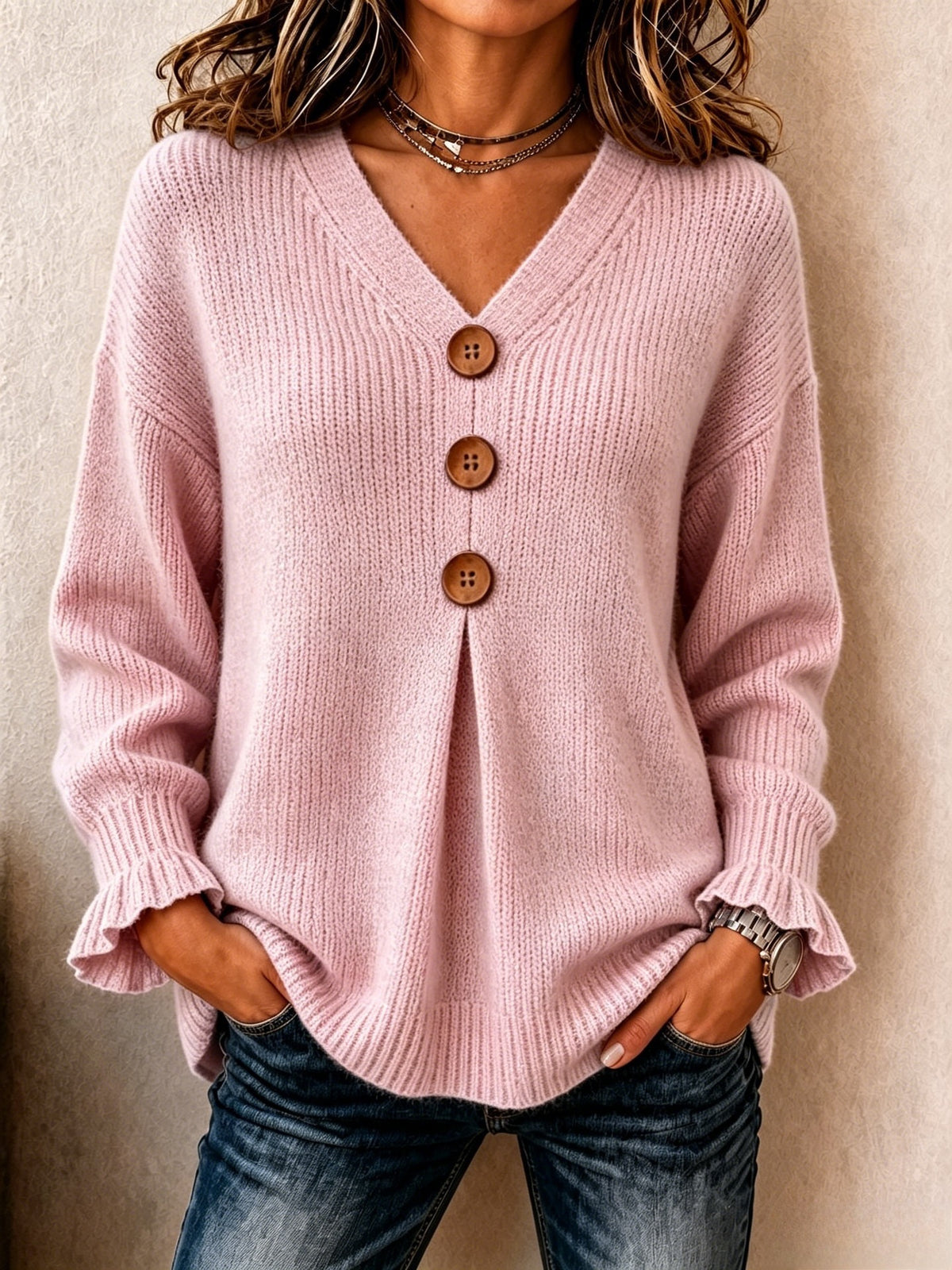 V-Neck Button-Up Sweater