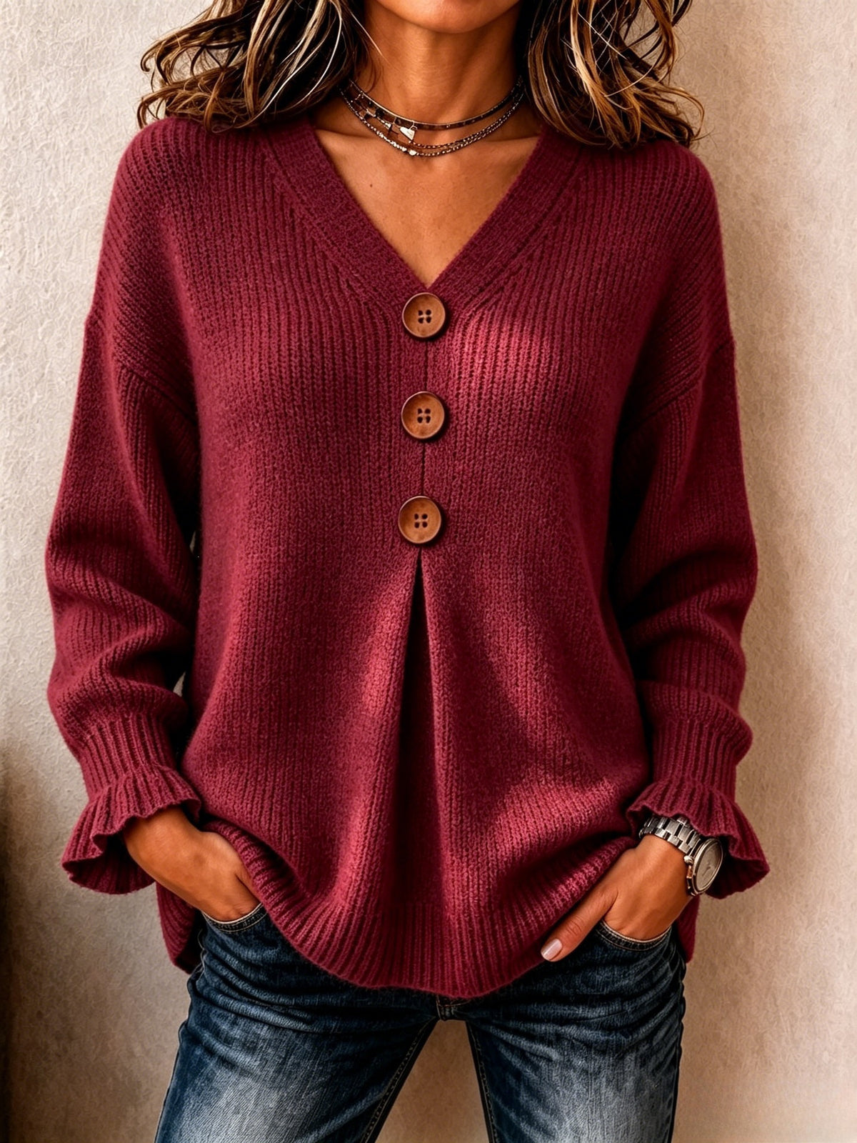 V-Neck Button-Up Sweater