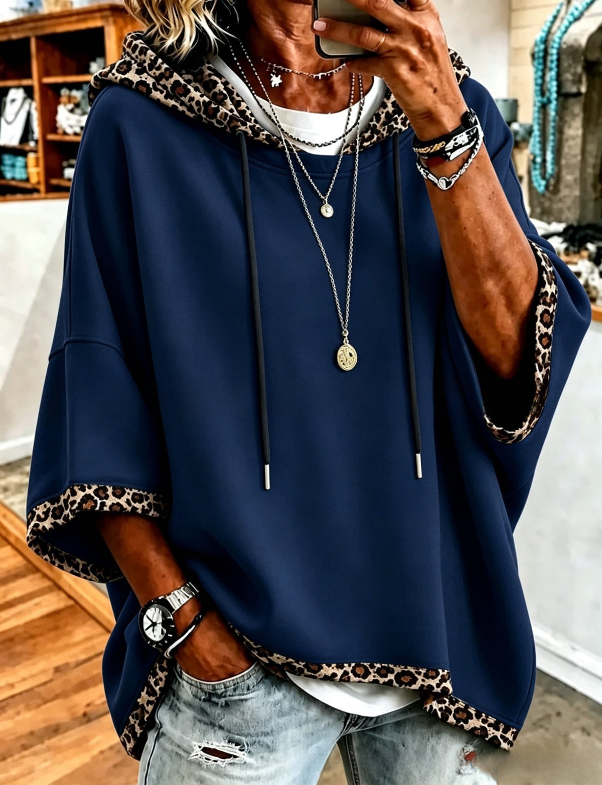 Leopard-Print Patchwork Hooded Top