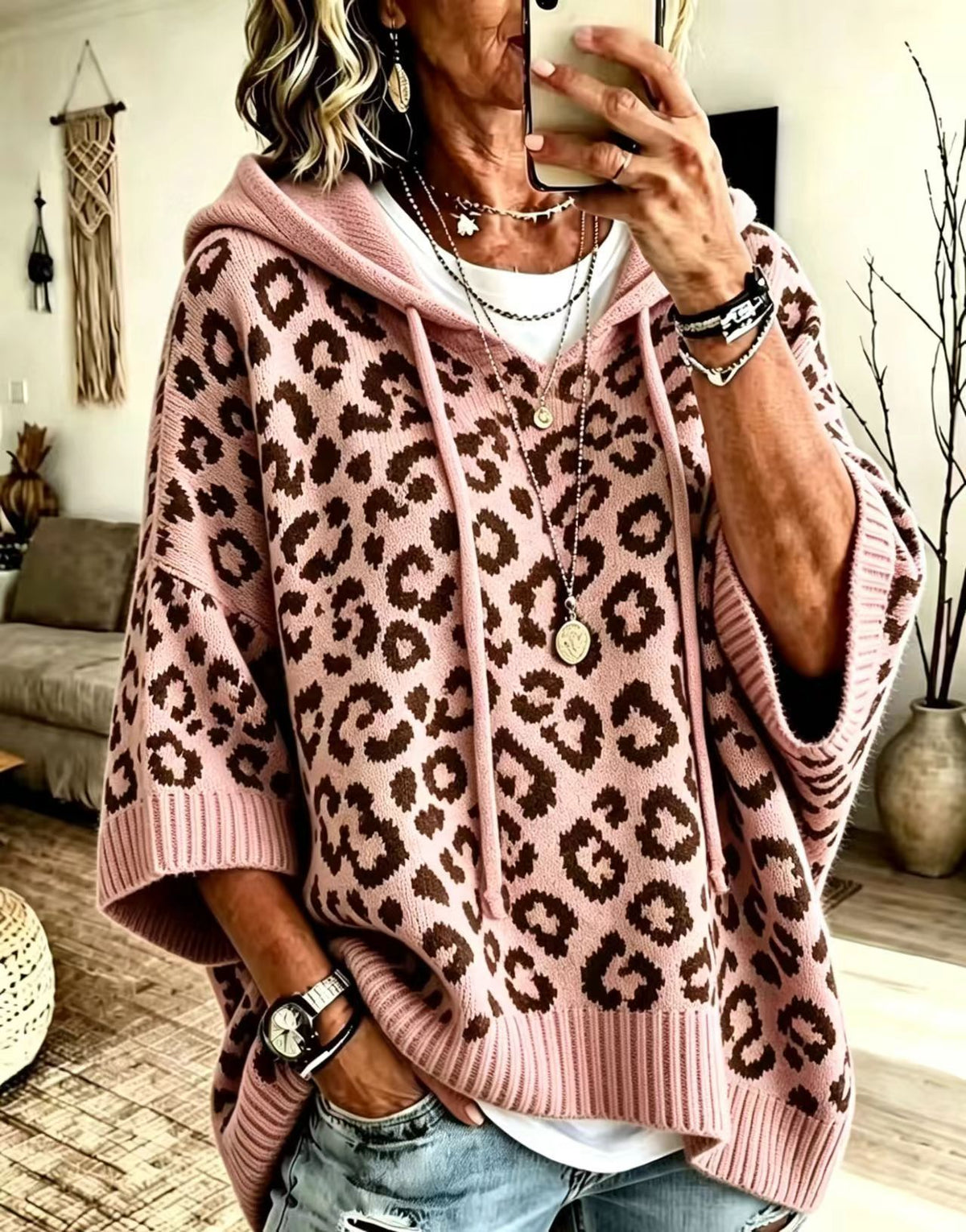 Leopard-Print Drawstring Hoodie