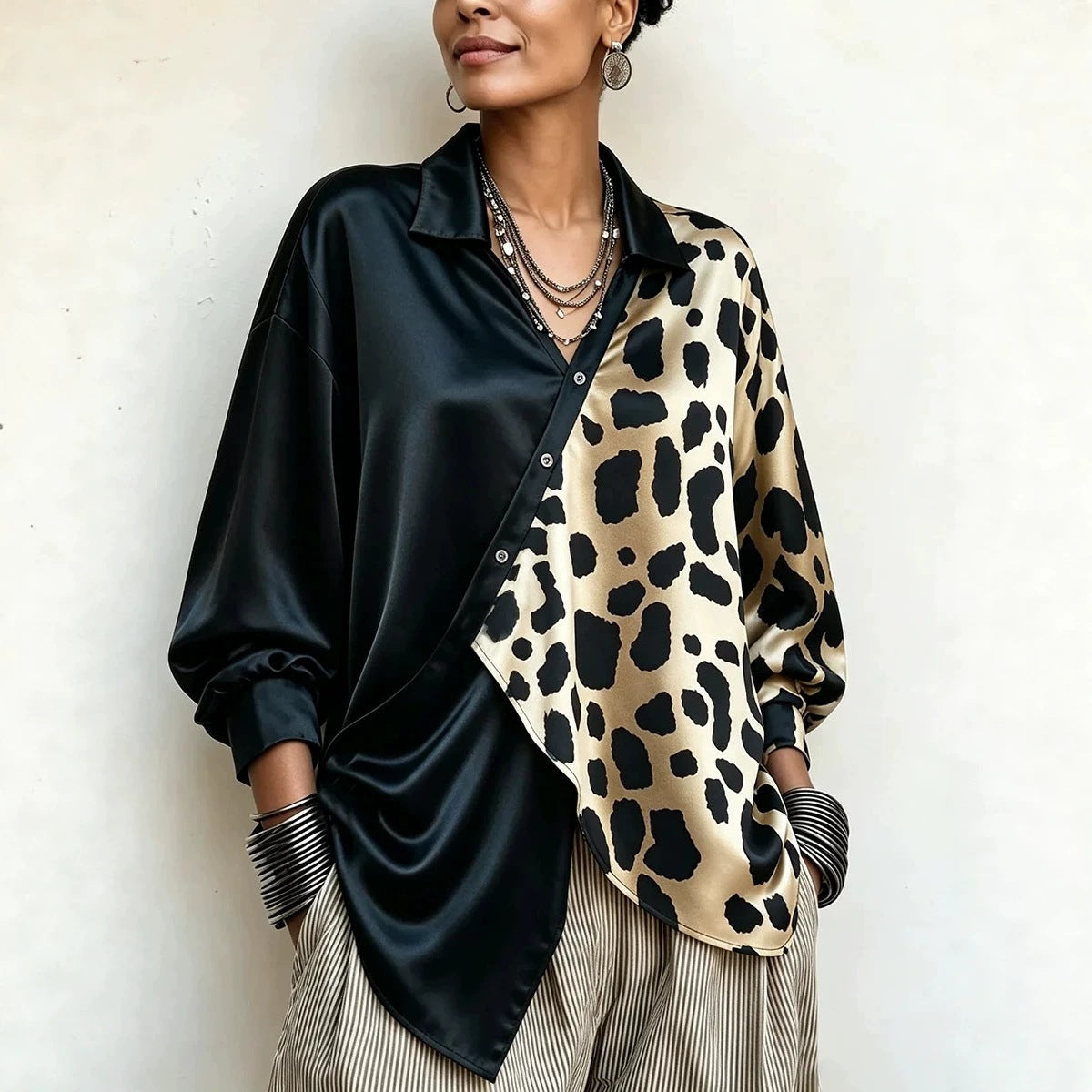 Leopard-Print Satin Lapel Shirt