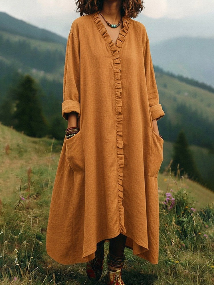 Loose Wood-Edge Long Dress