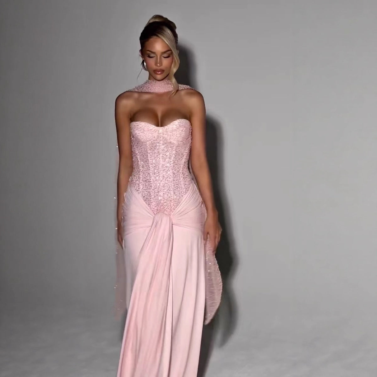 One Pink Strapless Evening Gown